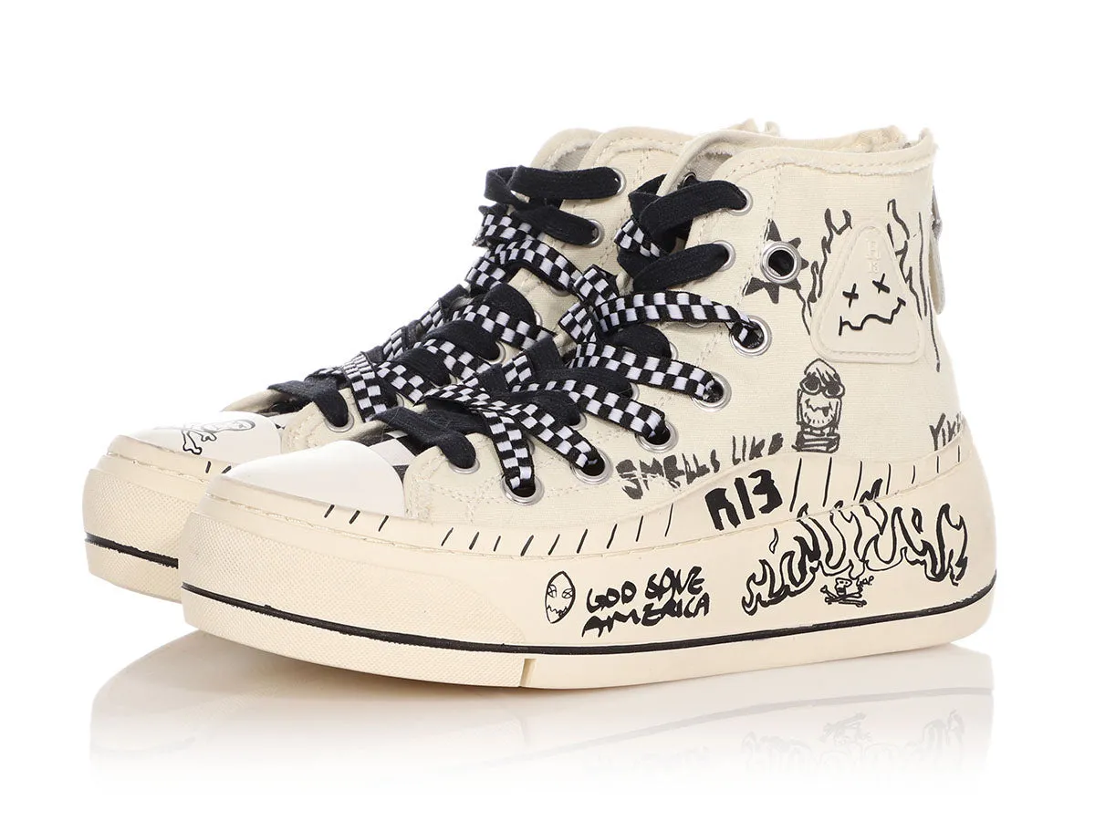 R13 White Graffiti Double Grommet Kurt High Top Sneakers