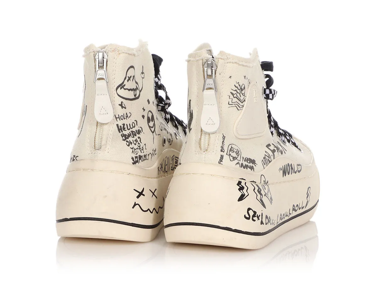 R13 White Graffiti Double Grommet Kurt High Top Sneakers