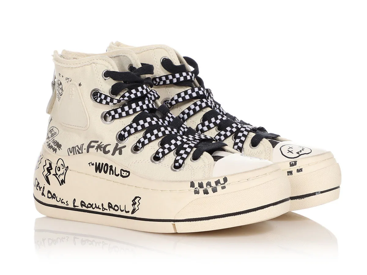 R13 White Graffiti Double Grommet Kurt High Top Sneakers