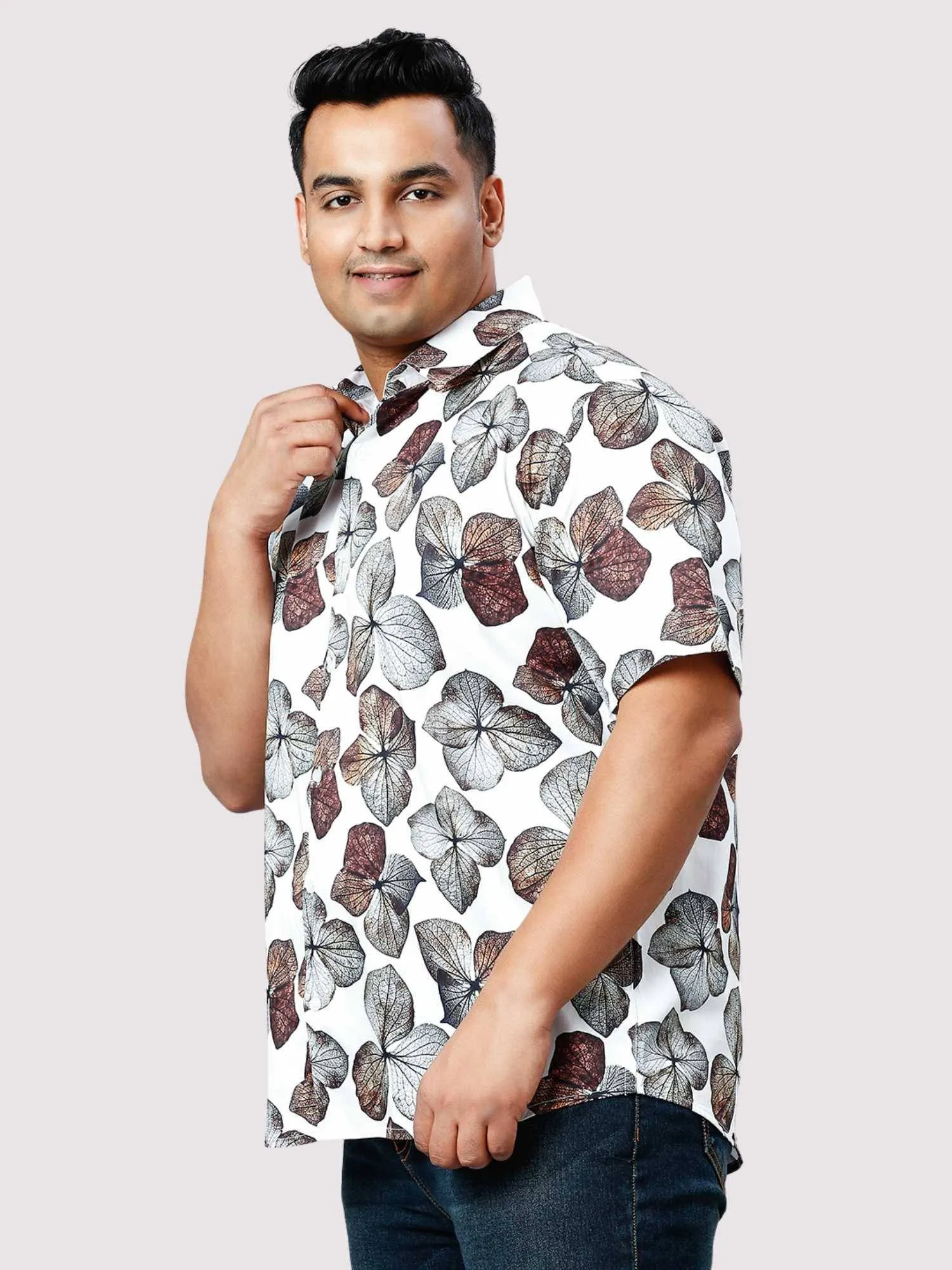 Rosy Leaf Digital Printed Half Sleeve Shirt Men's Plus Size