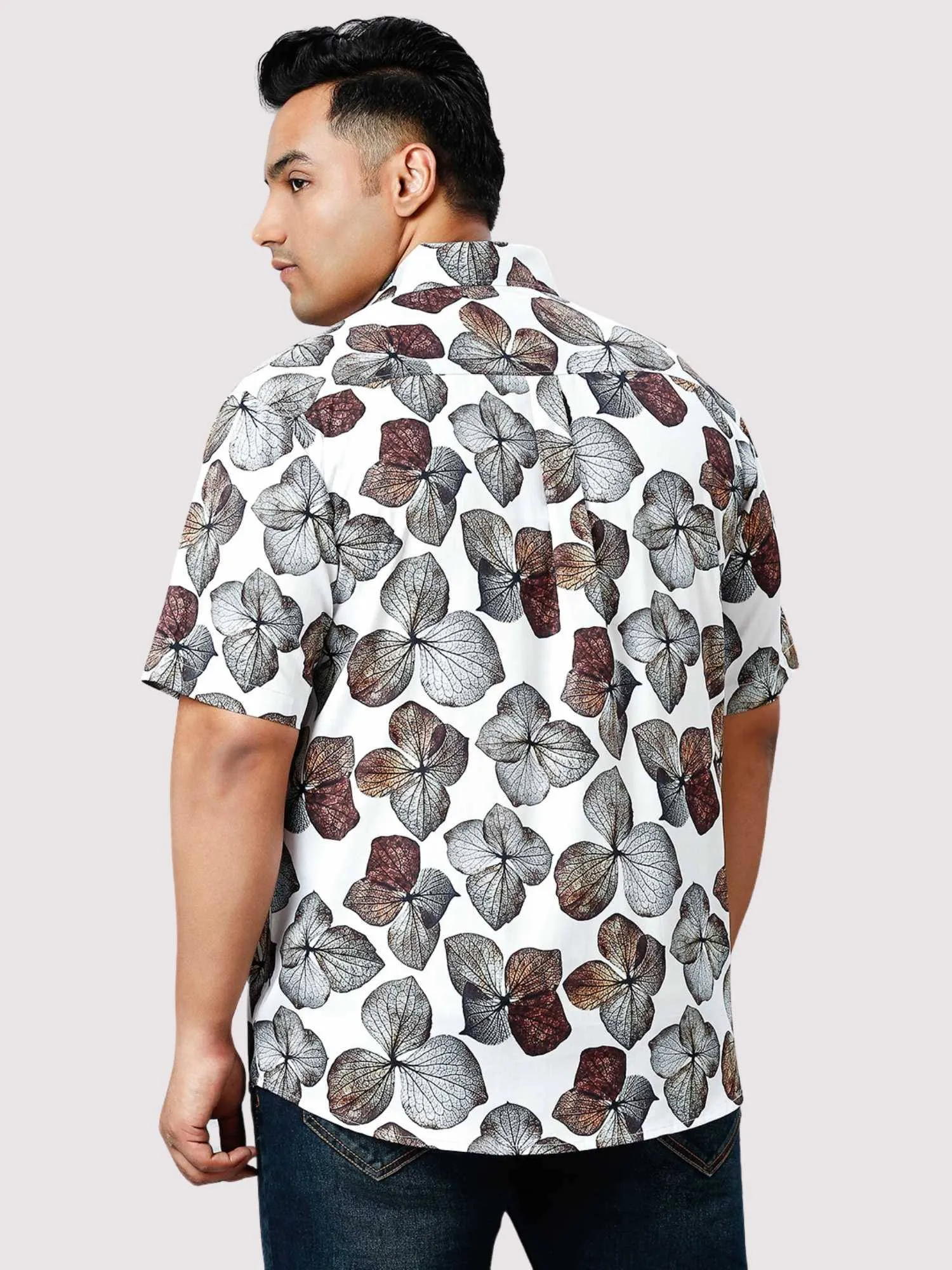 Rosy Leaf Digital Printed Half Sleeve Shirt Men's Plus Size