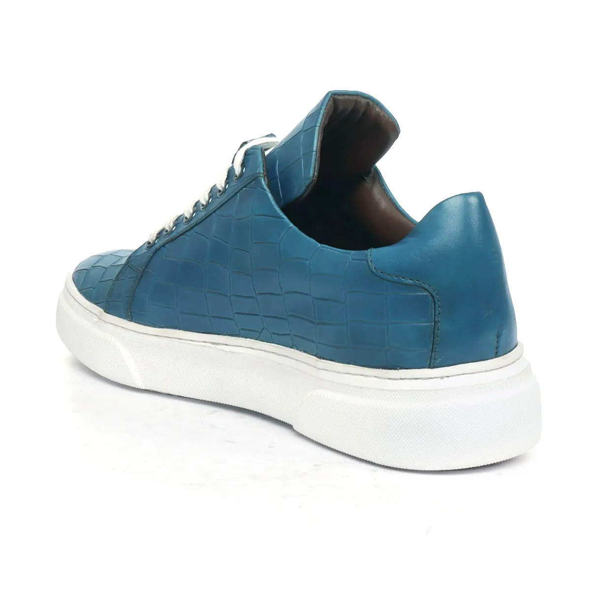 Sky Blue Cut Croco Leather White Sole Low Top Sneakers by Brune & Bareskin