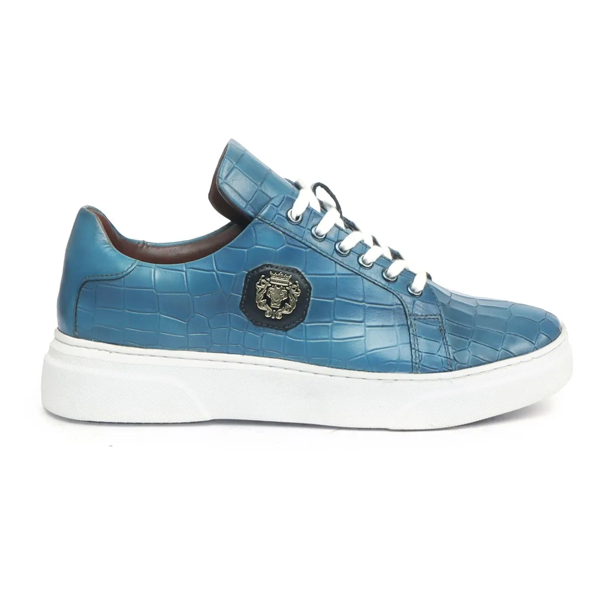 Sky Blue Cut Croco Leather White Sole Low Top Sneakers by Brune & Bareskin