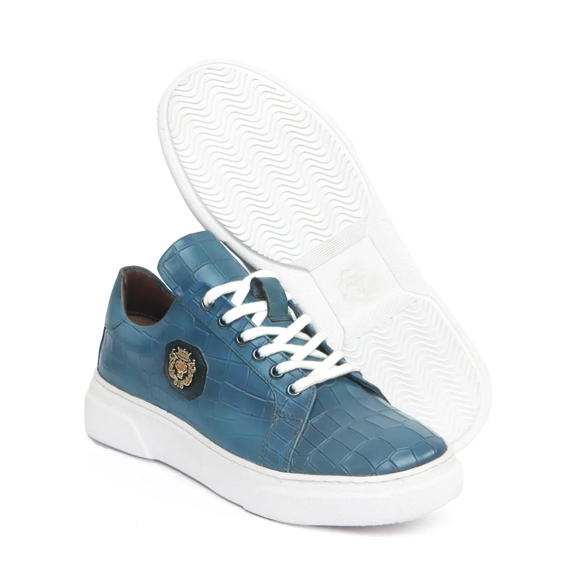 Sky Blue Cut Croco Leather White Sole Low Top Sneakers by Brune & Bareskin