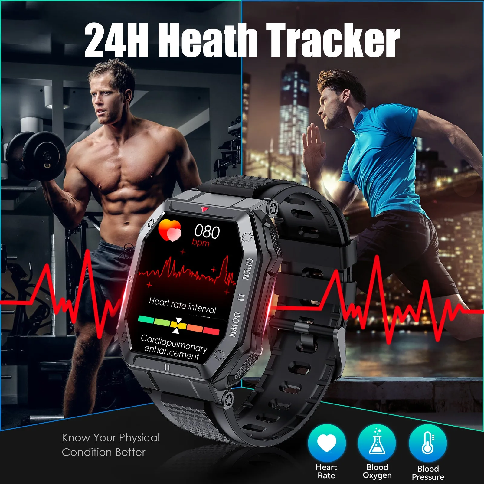 Smart Watch for Men 1.85” Large Screen Bluetooth Calling Activity Fitness Tracker Heart Rate Sleep Monitor Fitness Watch Pedometer Step Counter Stopwatch Sport Smartwatch for iPhone Samsung Xiaomi