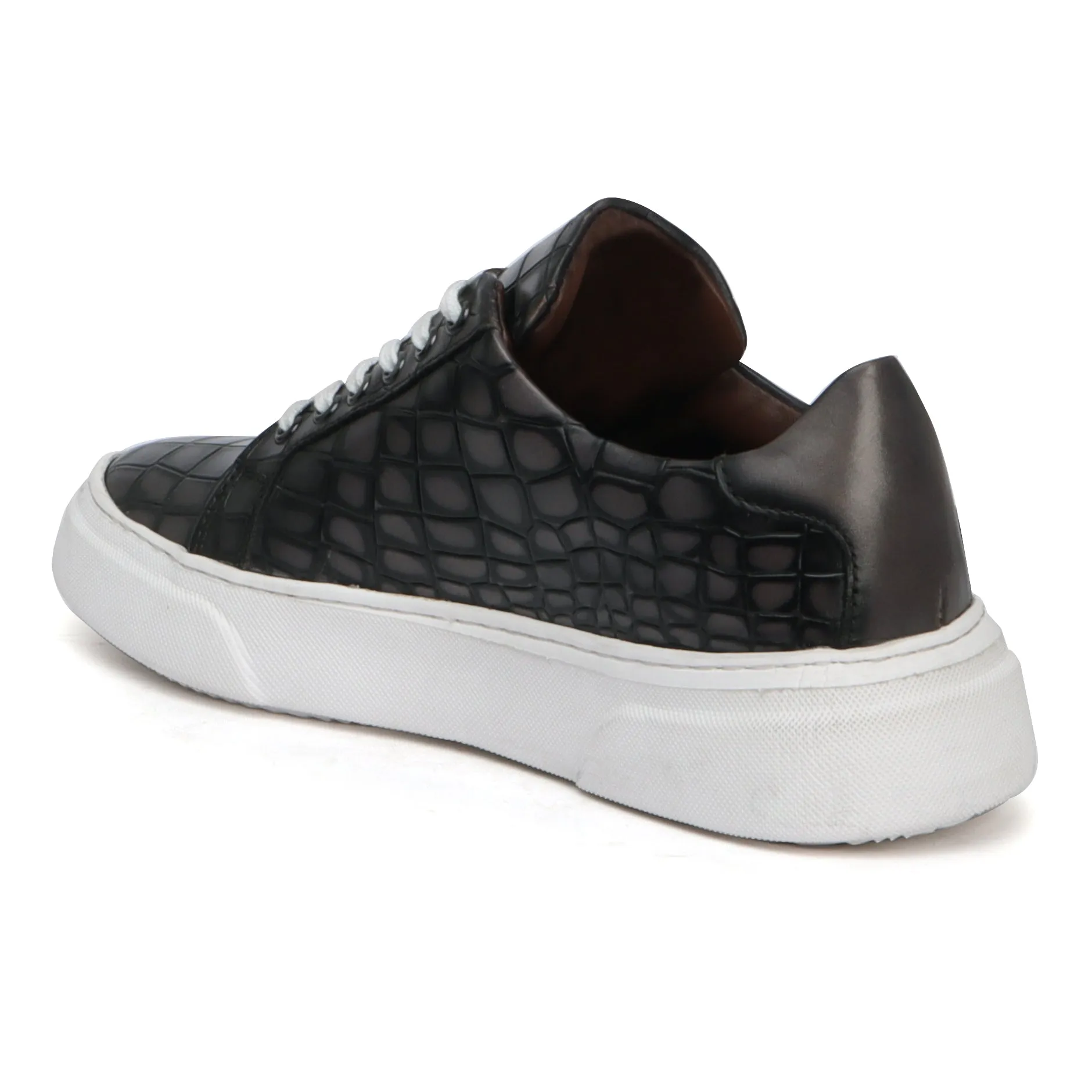 Smokey Grey Cut Croco Print Leather White Sole Low Top Sneakers by Brune & Bareskin