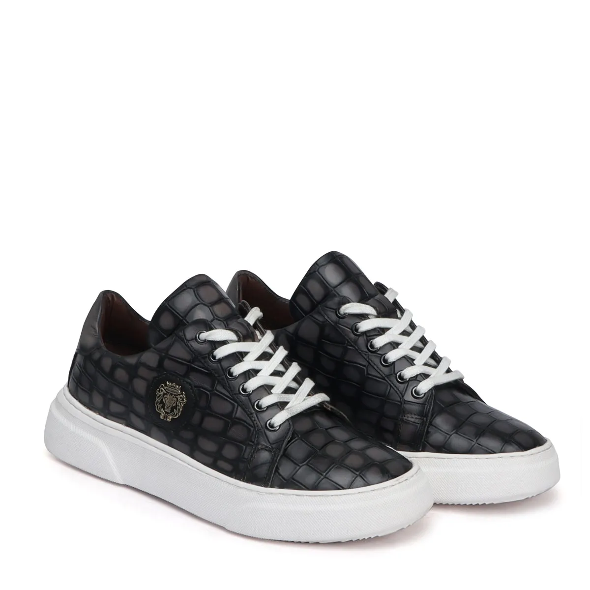 Smokey Grey Cut Croco Print Leather White Sole Low Top Sneakers by Brune & Bareskin