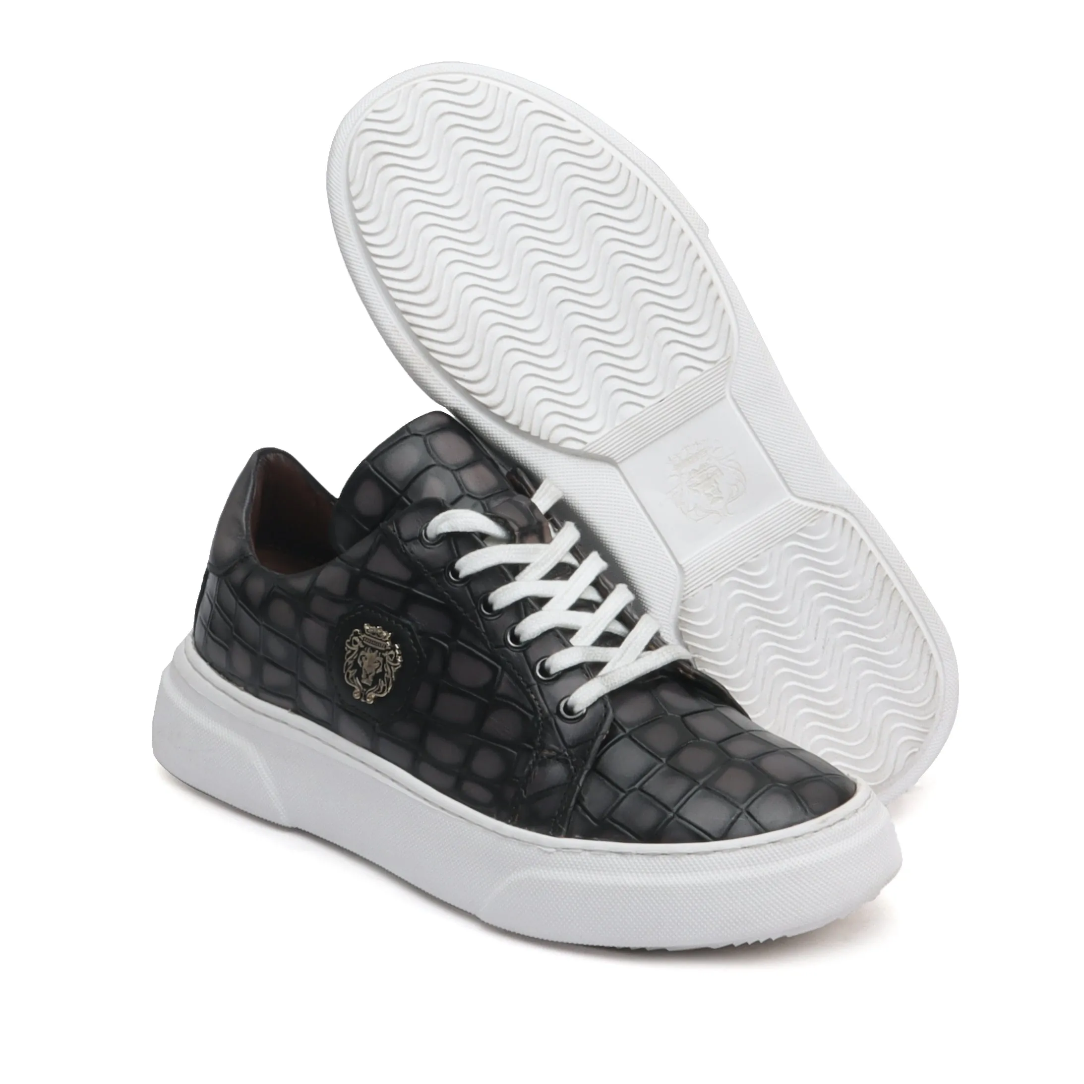 Smokey Grey Cut Croco Print Leather White Sole Low Top Sneakers by Brune & Bareskin