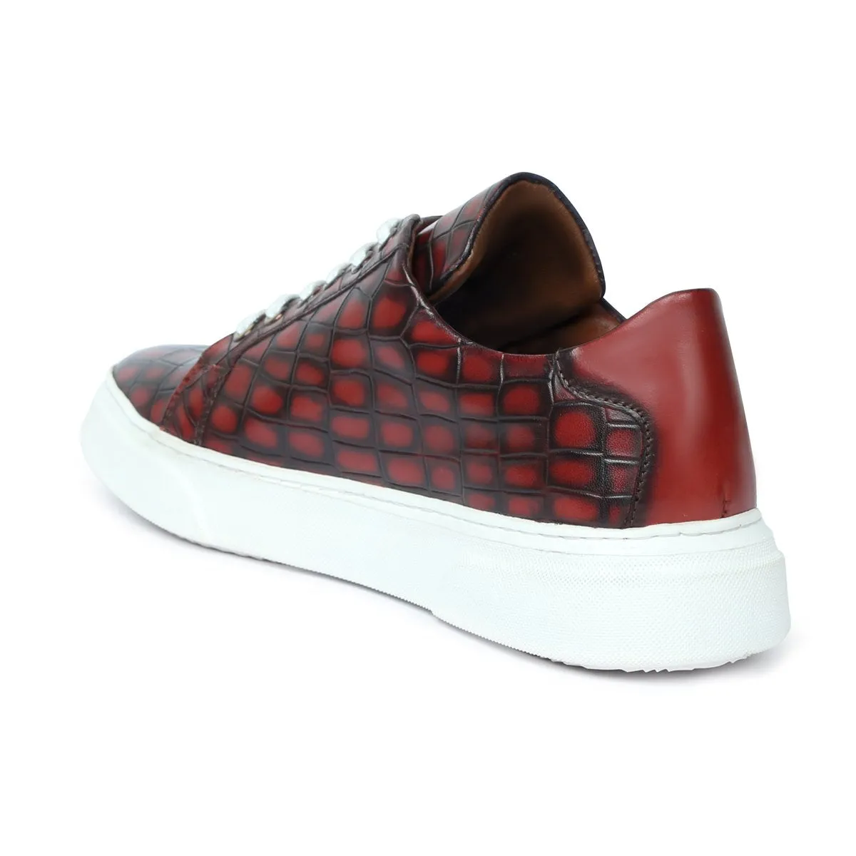 Smokey Wine Croco Finish Leather White Sole Low Top Sneakers by Brune & Bareskin