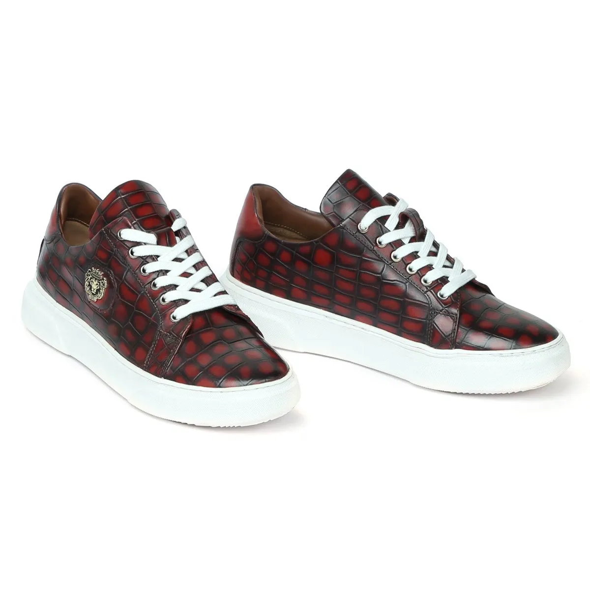 Smokey Wine Croco Finish Leather White Sole Low Top Sneakers by Brune & Bareskin