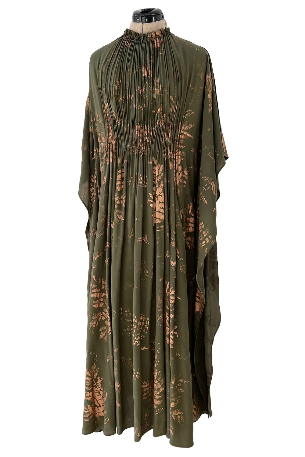 Stunning Spring 2016 Valentino Runway Muted Gold Painted Green Silk Caftan Dress