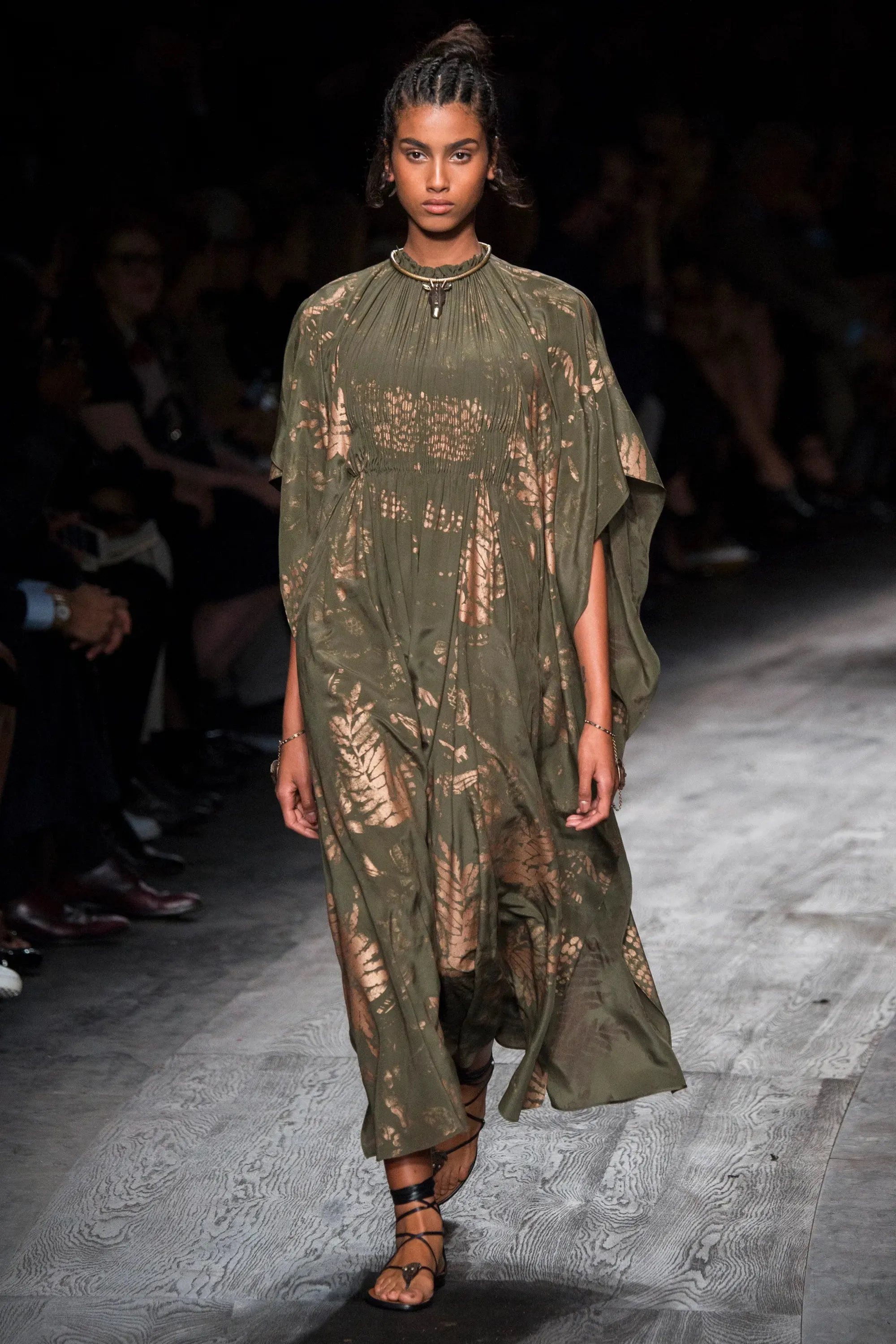 Stunning Spring 2016 Valentino Runway Muted Gold Painted Green Silk Caftan Dress