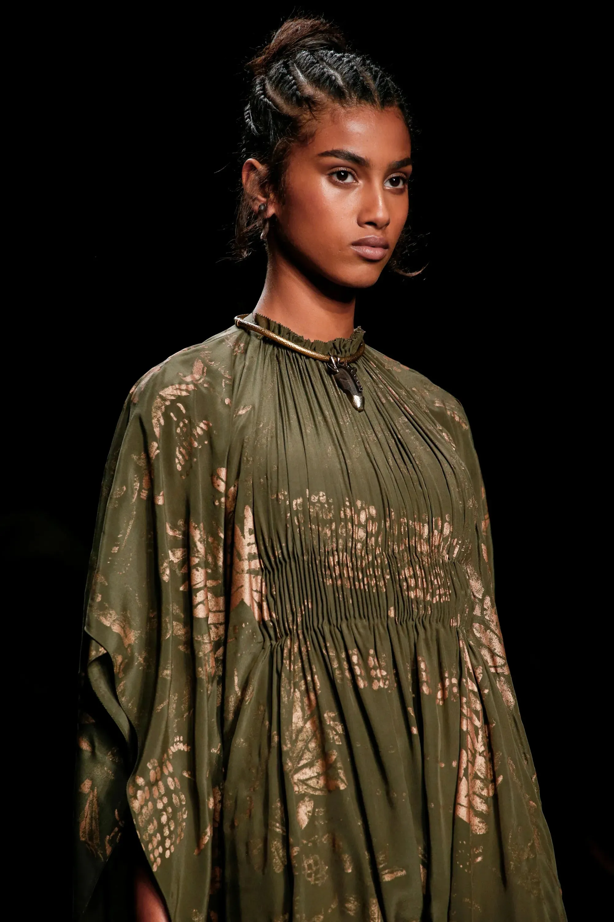 Stunning Spring 2016 Valentino Runway Muted Gold Painted Green Silk Caftan Dress