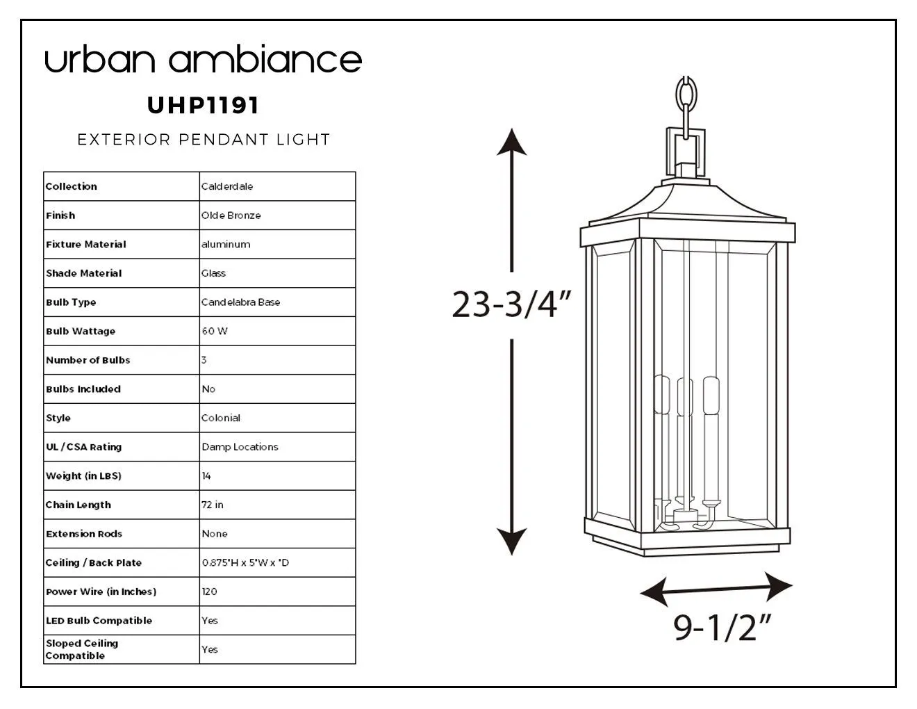 UHP1191 Colonial Outdoor Pendant Light, 23-3/4" x 9-1/2", Olde Bronze Finish, Calderdale Collection