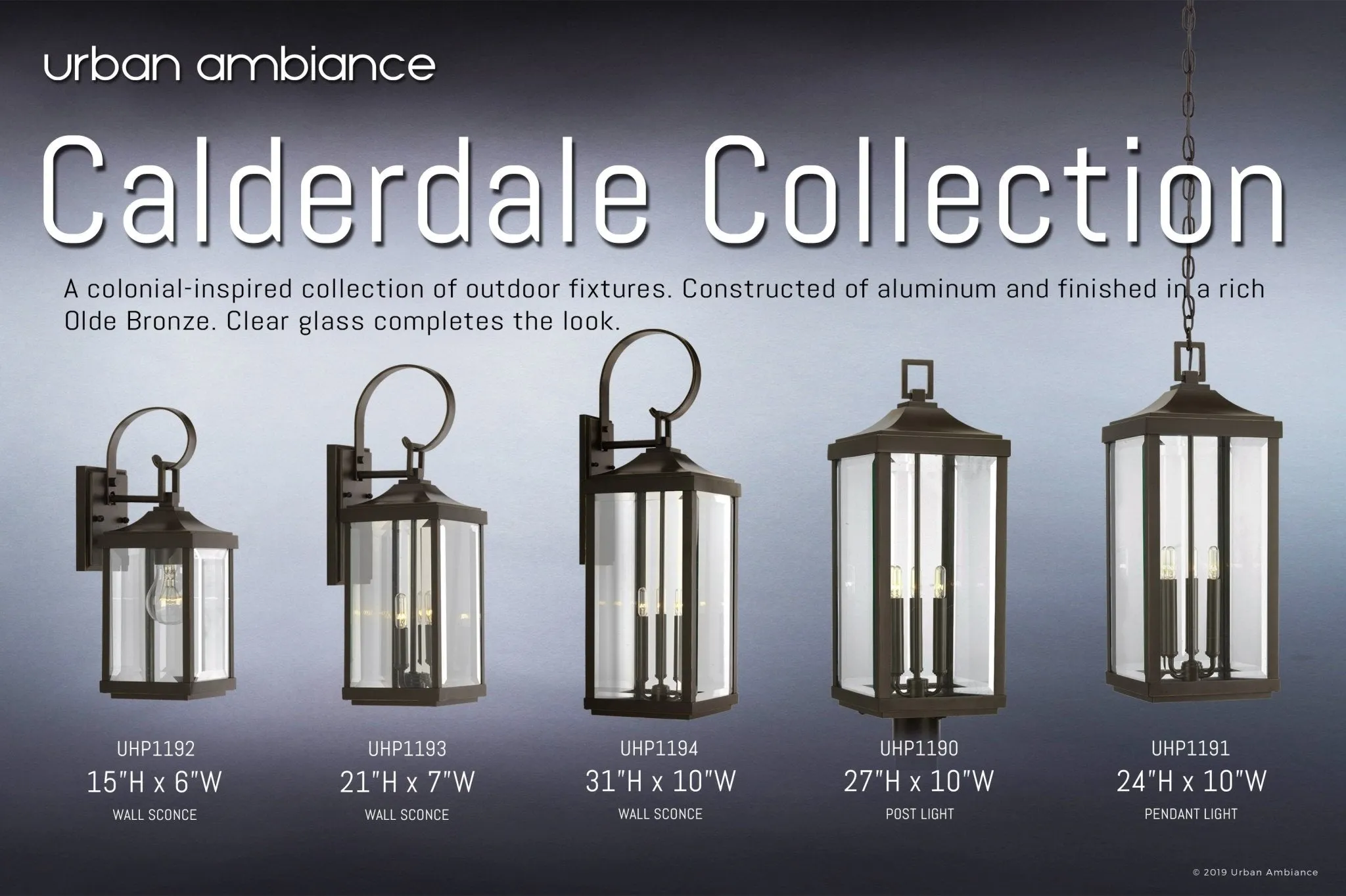 UHP1191 Colonial Outdoor Pendant Light, 23-3/4" x 9-1/2", Olde Bronze Finish, Calderdale Collection