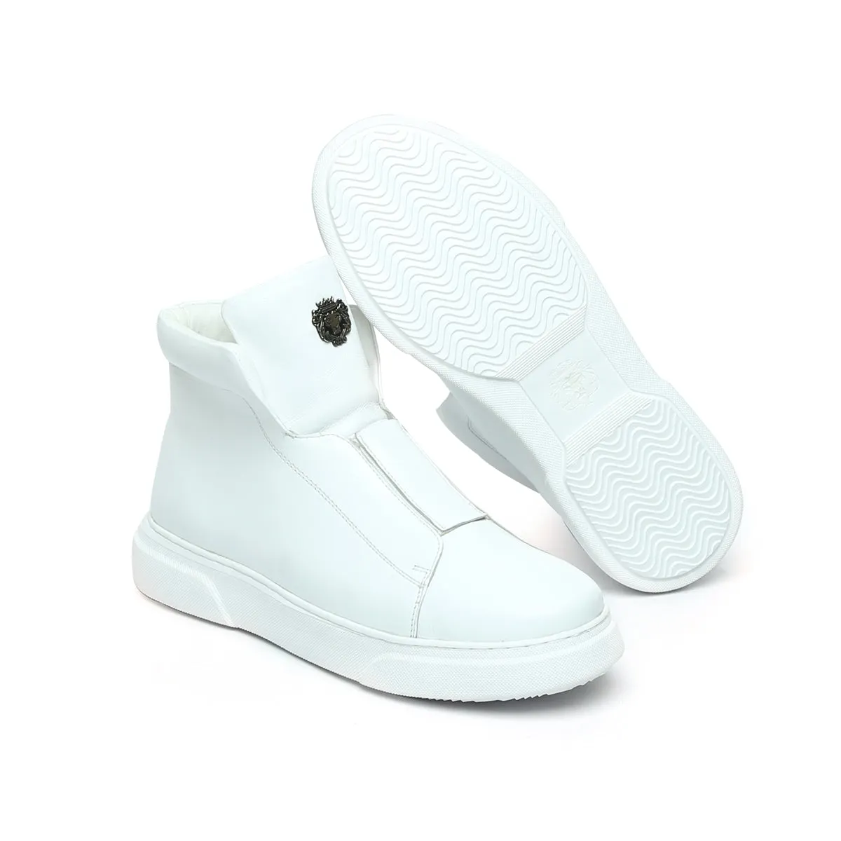 White Leather Mid-Top Sneakers in Stretchable Closure by Brune & Bareskin