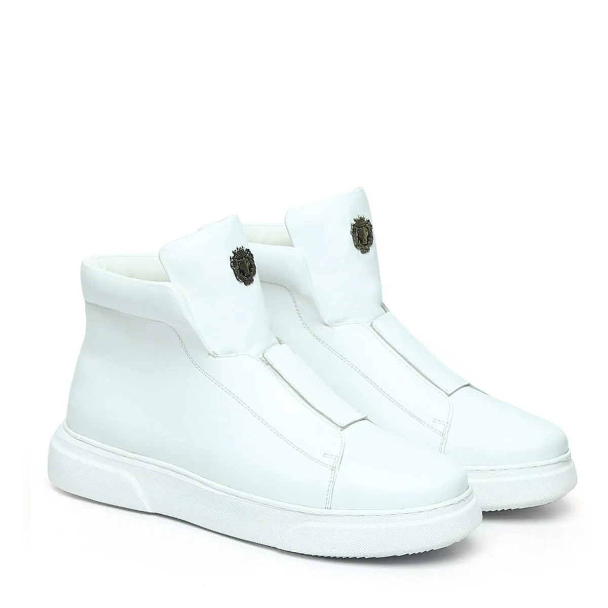 White Leather Mid-Top Sneakers in Stretchable Closure by Brune & Bareskin