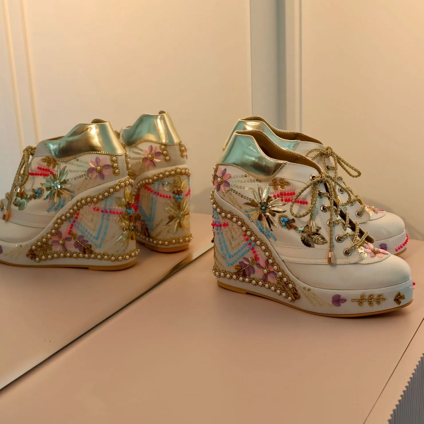 White Multi-Colored Customisable Embroidered Sneaker Wedges | Tiesta