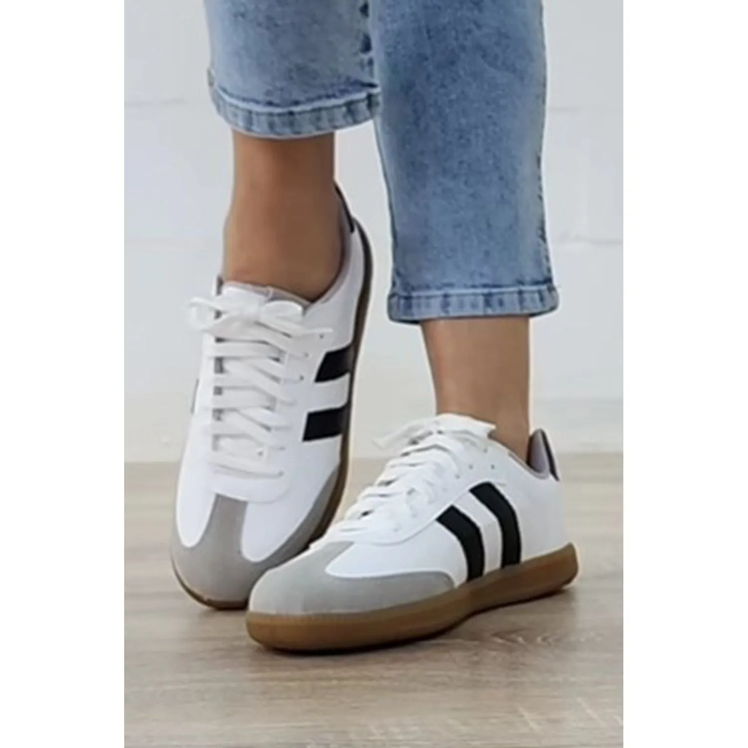 White Striped Lace Up Flat Sneakers