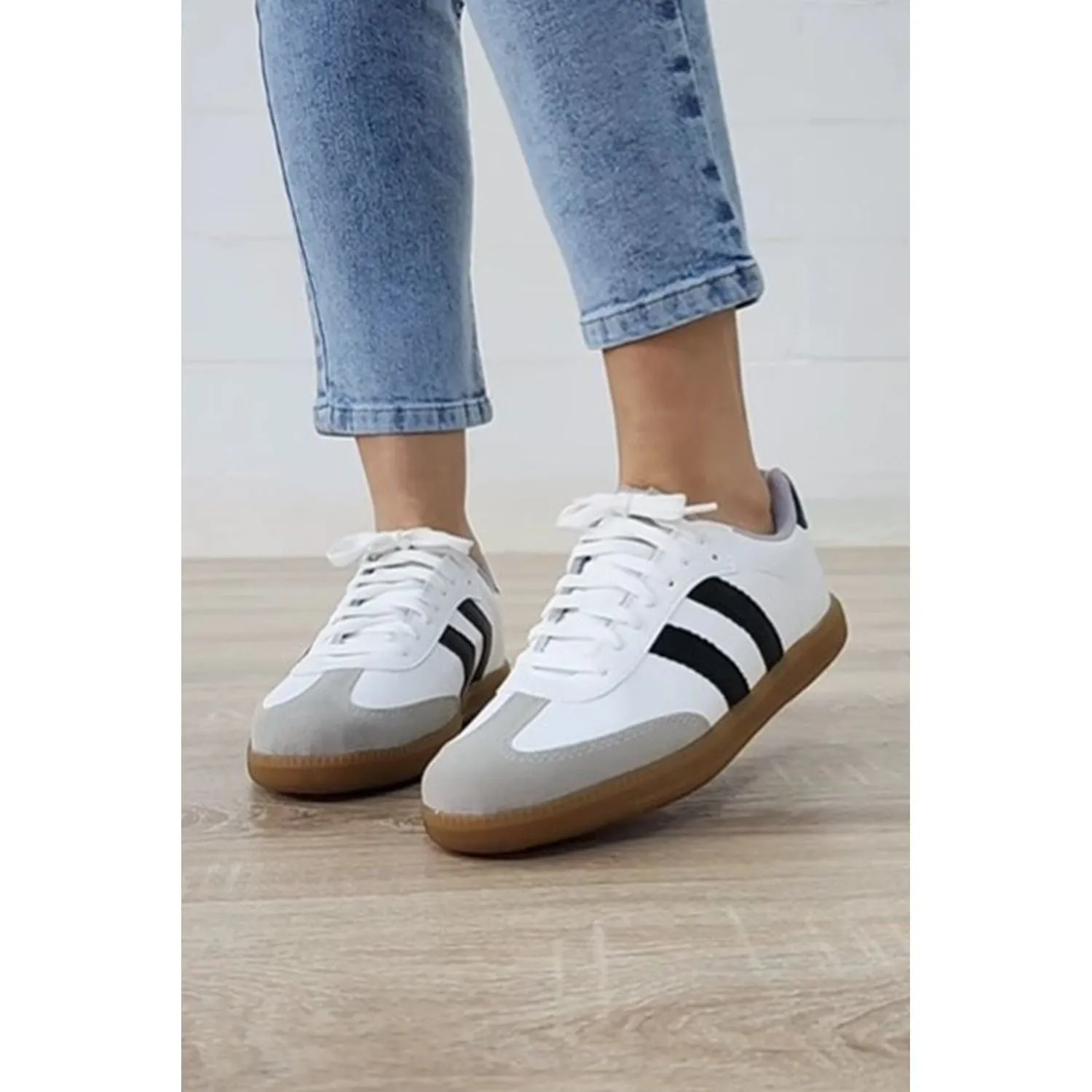 White Striped Lace Up Flat Sneakers