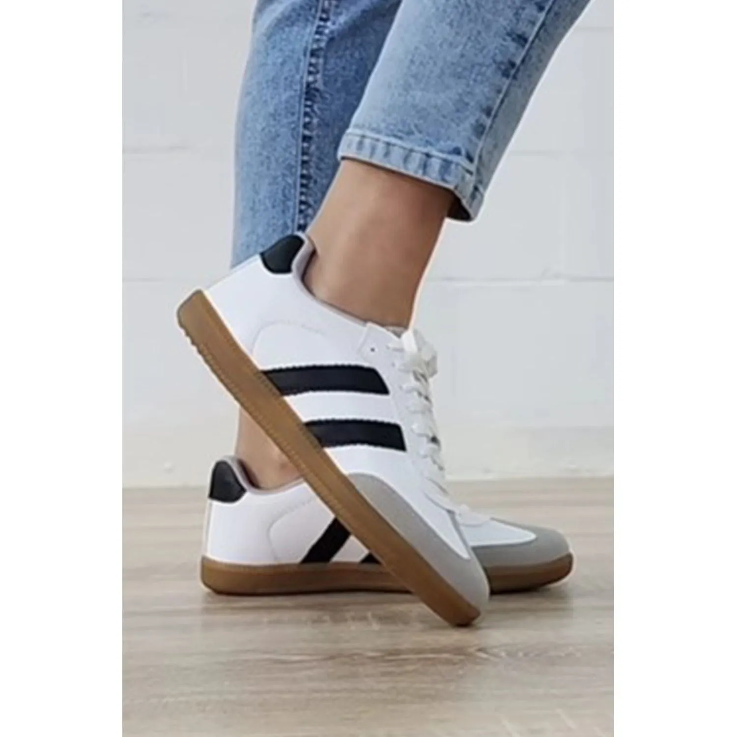 White Striped Lace Up Flat Sneakers