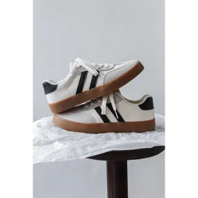 White Striped Lace Up Flat Sneakers