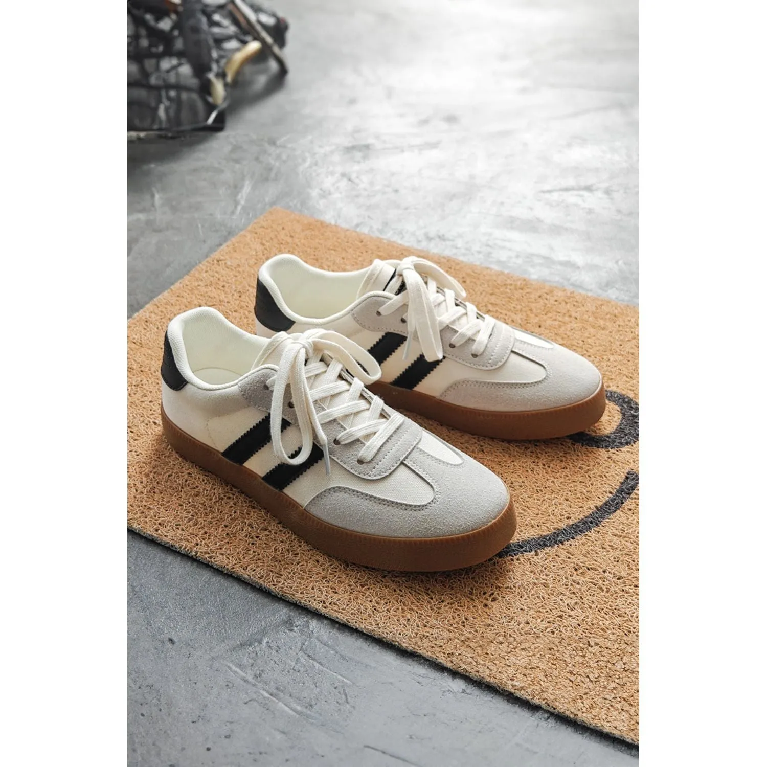 White Striped Lace Up Flat Sneakers