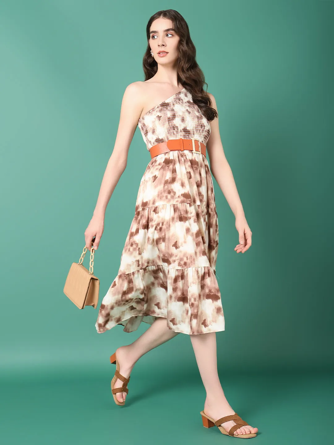 Women Brown Dyed Fit and Flare Dress With Belt