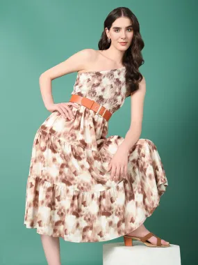 Women Brown Dyed Fit and Flare Dress With Belt