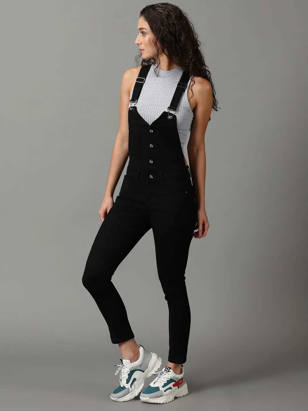 Women's Black Solid Dungaree