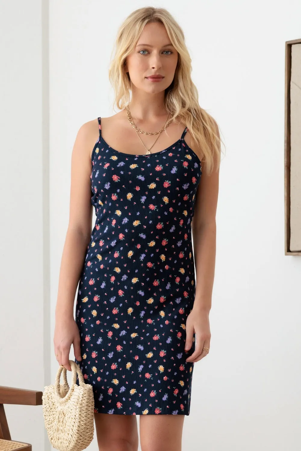 Women's GILLI Floral Ribbed Tie-Back Cami Mini Dress