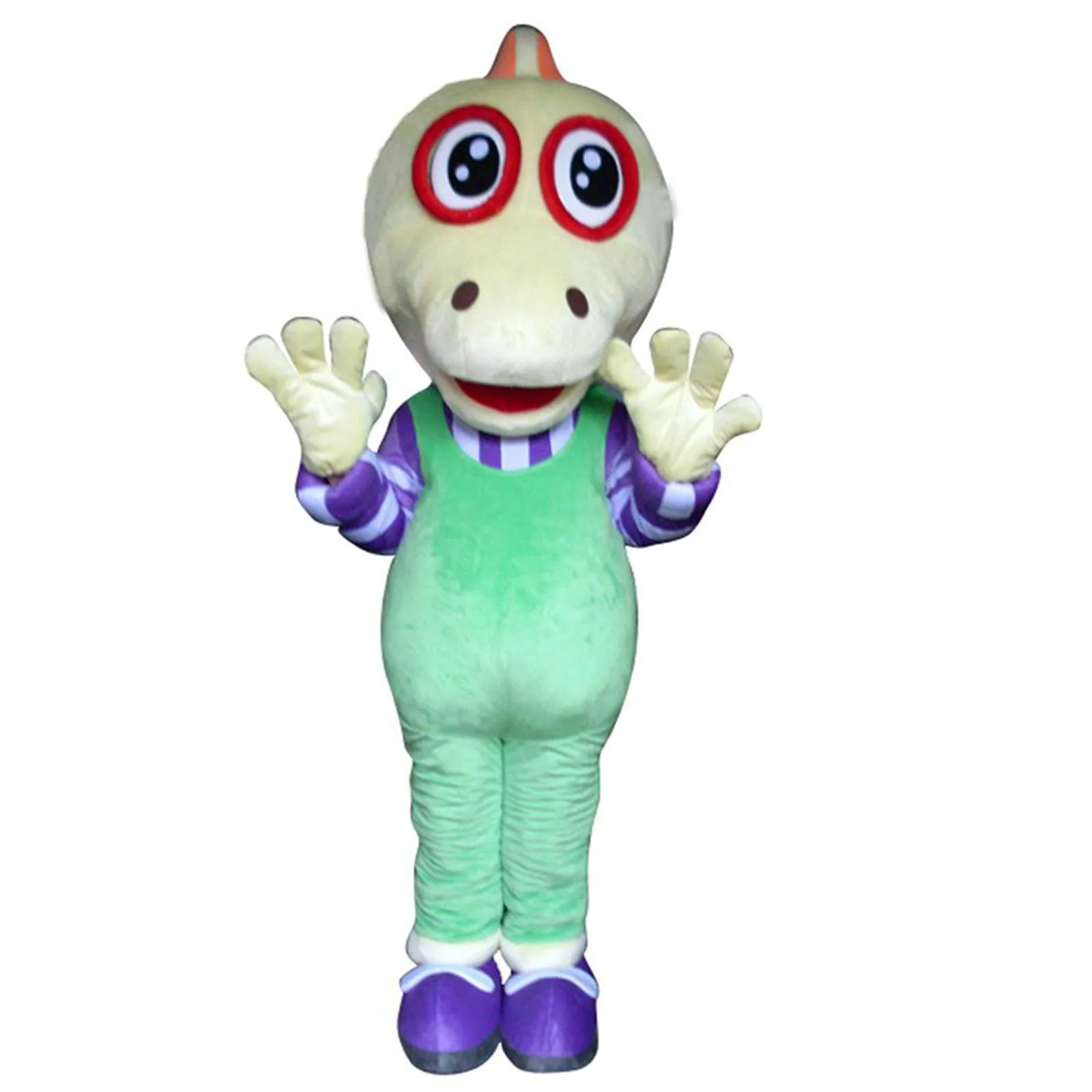 Yellow Dinosaur Alien With Green Overalls Mascot Costumes