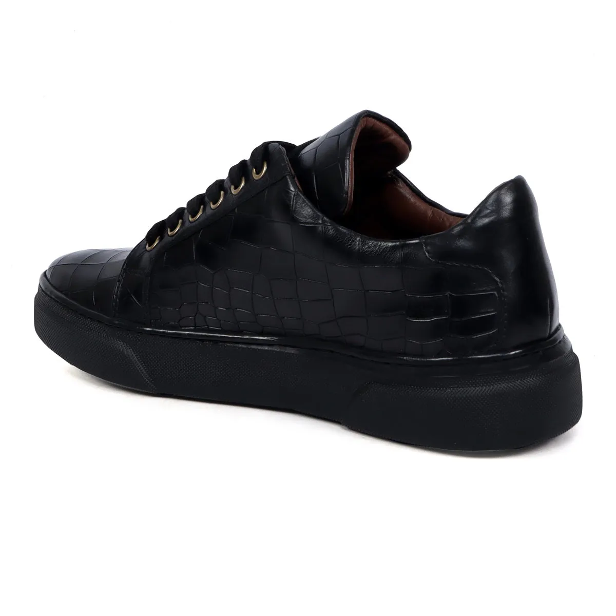 Zipper Black Sneaker in Full Deep Cut Leather with Lace-Up Closure